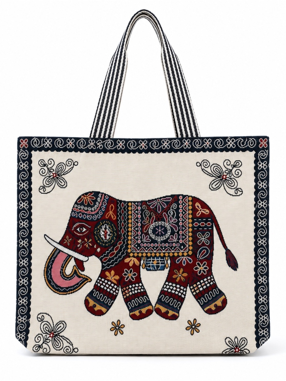 Thai Elephant Woven Tote Bag Black Border Large Zipper Shoulder Bag